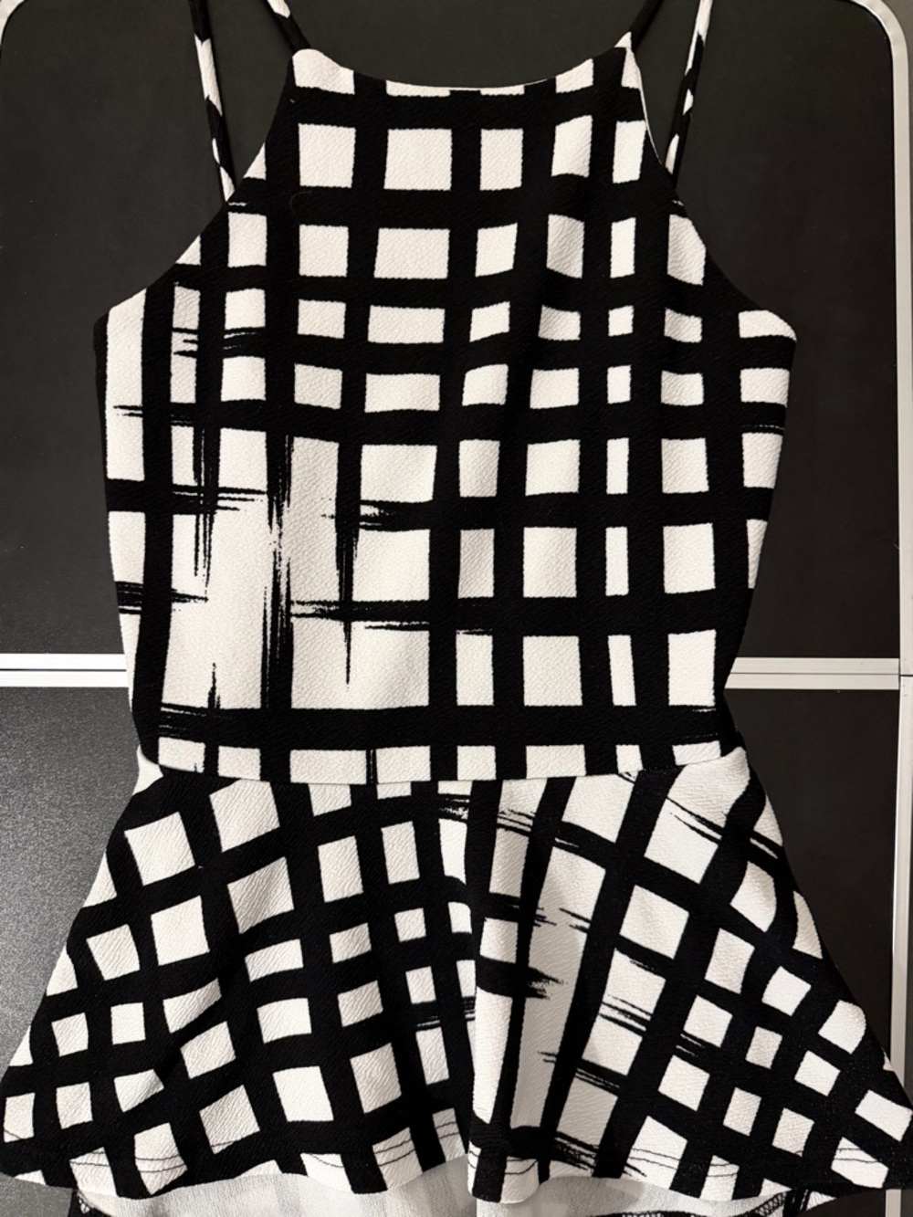 Black & White Grid Peplum Top  - Women's